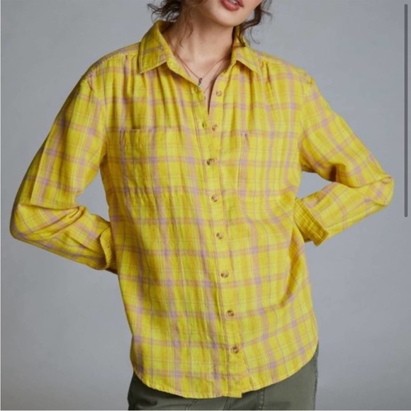 Anthropologie Tops - Anthropologie Seen Worn Kept Yellow Pink Plaid Button Down Up Top Shirt sz 6